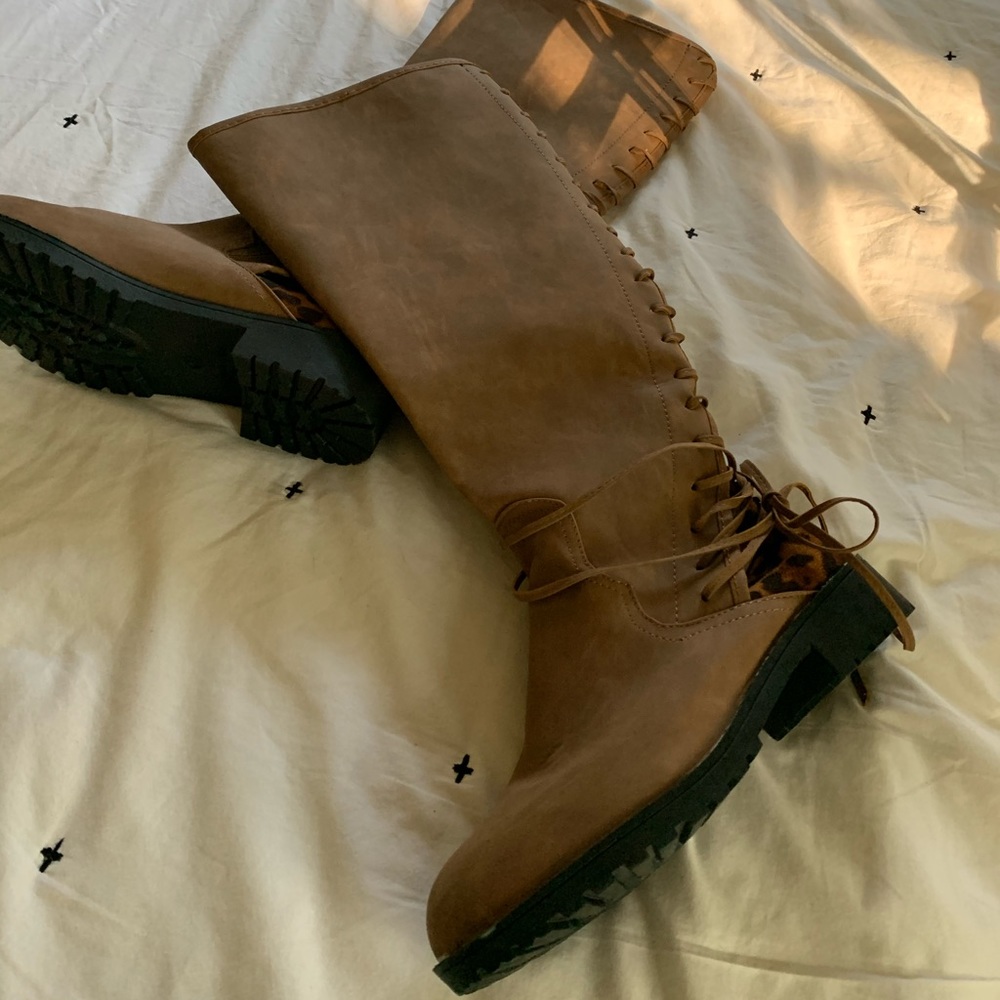 BROWN & CHEETAH PRINT TIE UP BOOTS